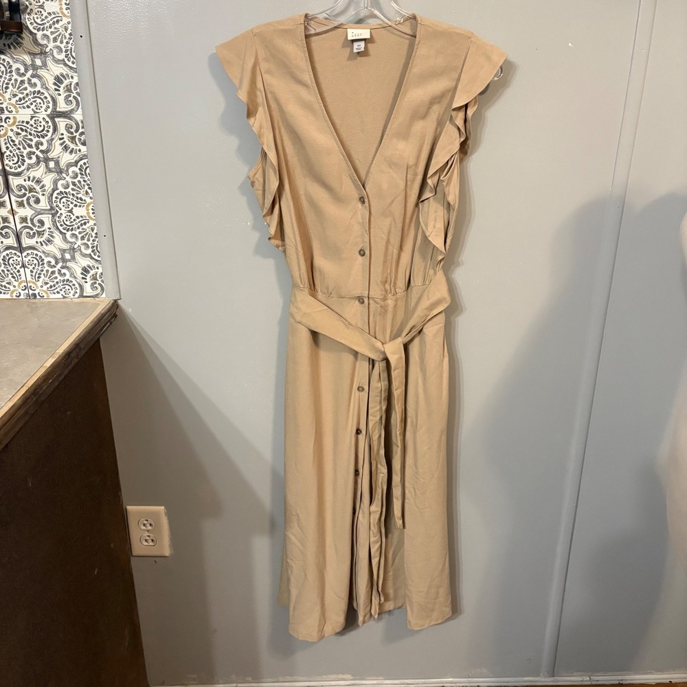 A New Day Tan V-Neck Sleeveless Button Front Belt Midi Dress (Women's XS)